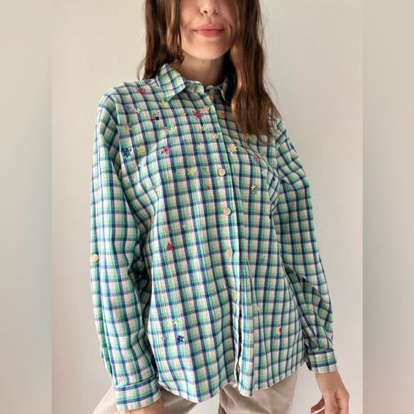 Vintage Plaid Floral Embroidered Button Down Long Sleeve Top Size Large - Picture 13 of 15